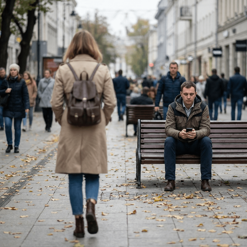 A man sits on a bench using his phone on a busy urban pedestrian street.
