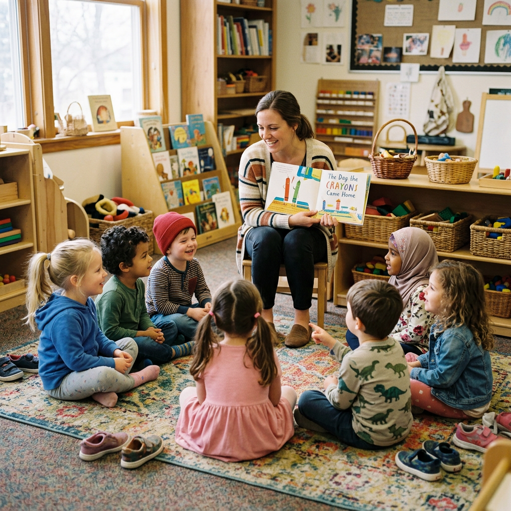 Teacher reading 'The Day the Crayons Came Home' to diverse children in classroom circle