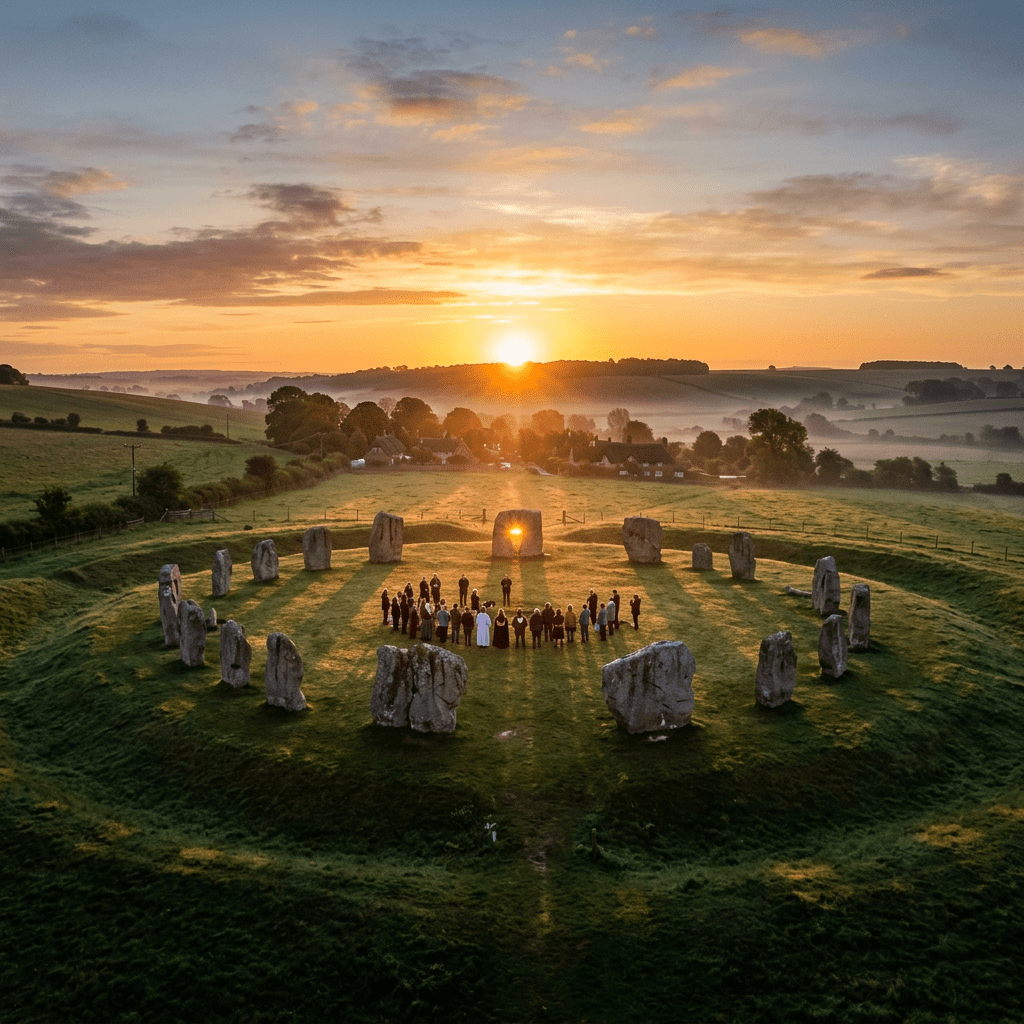 People standing in a circle inside Stonehenge during sunrise