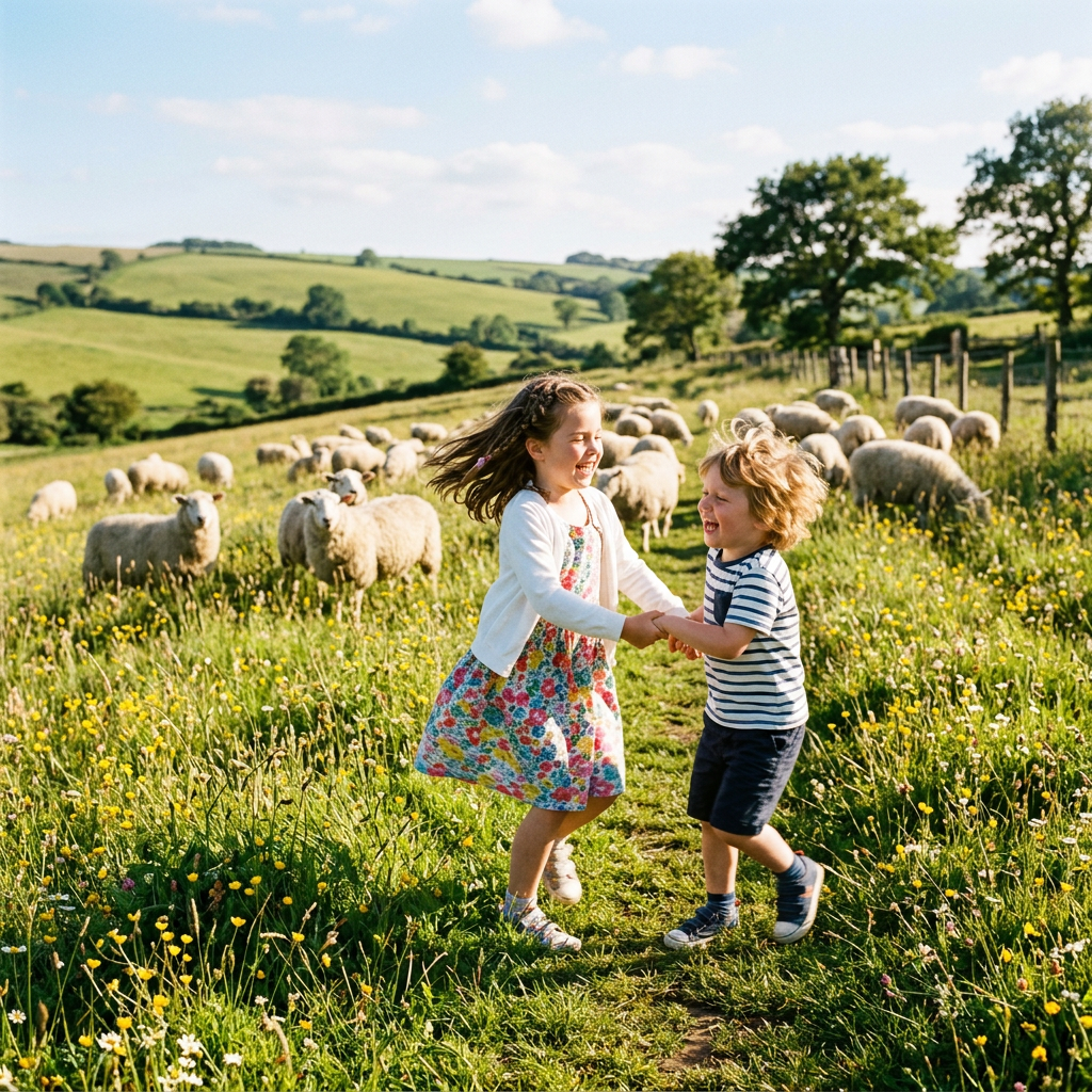 Two children holding hands and playing in a flower-filled field with sheep grazing around them