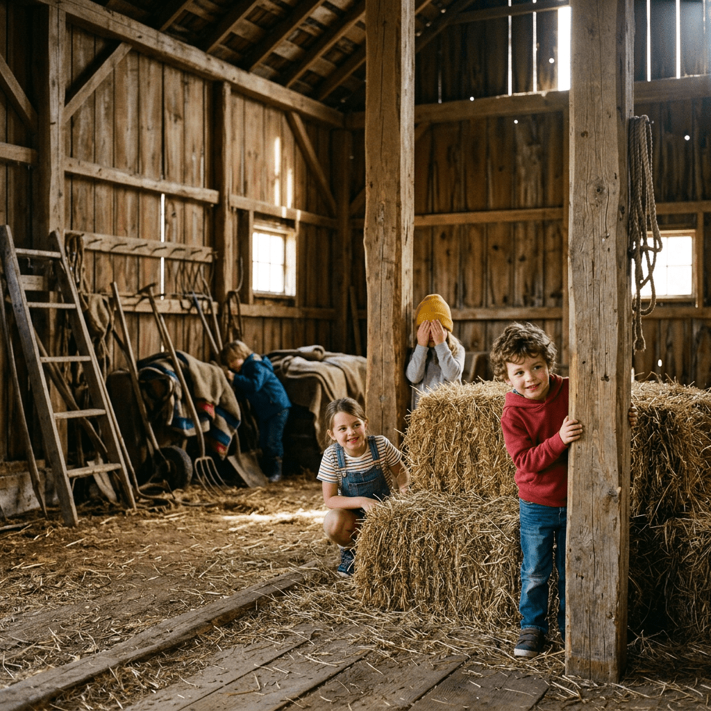 Four kids playing hide and seek behind hay bales in a wooden barn
