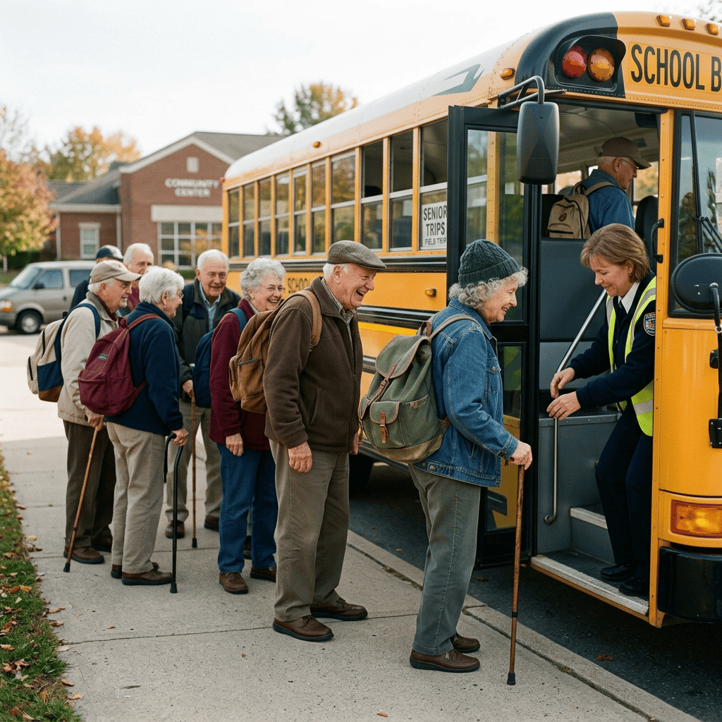 Seniors lining up to board a yellow school bus with a driver assisting