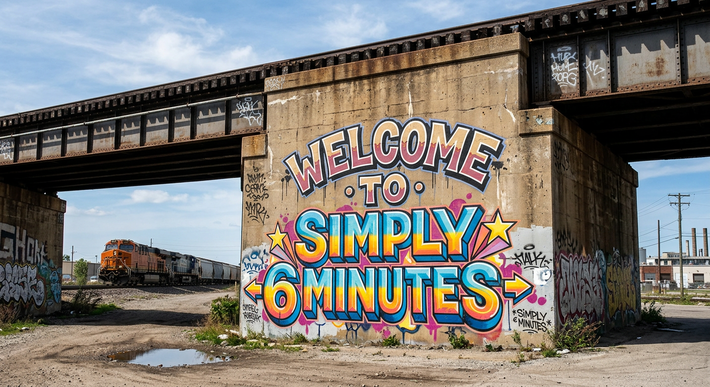 Graffiti on a concrete bridge reading 'Welcome to Simply 6 Minutes' with an orange and black train in the background.