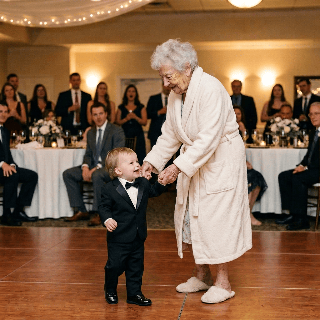 Elderly woman in blue lace dress dancing with young boy in black tuxedo