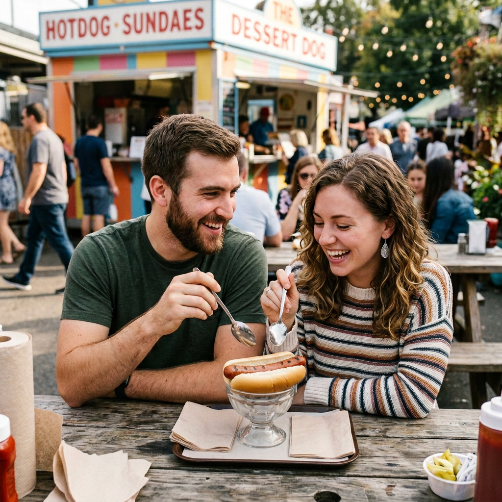 Couple eating ice cream sundae topped with hot dogs at outdoor food stall