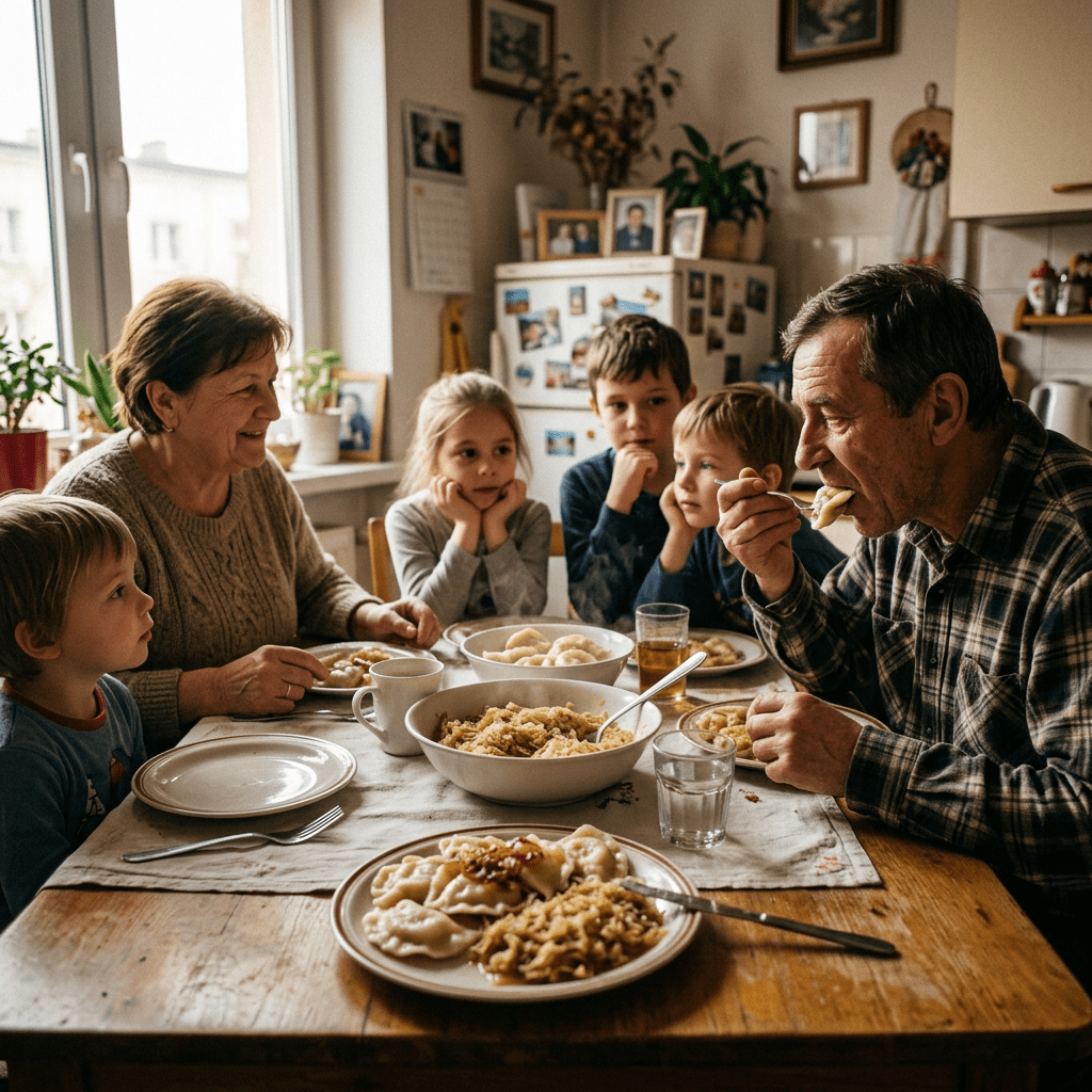 Family of six eating traditional dumplings and side dishes at a kitchen table