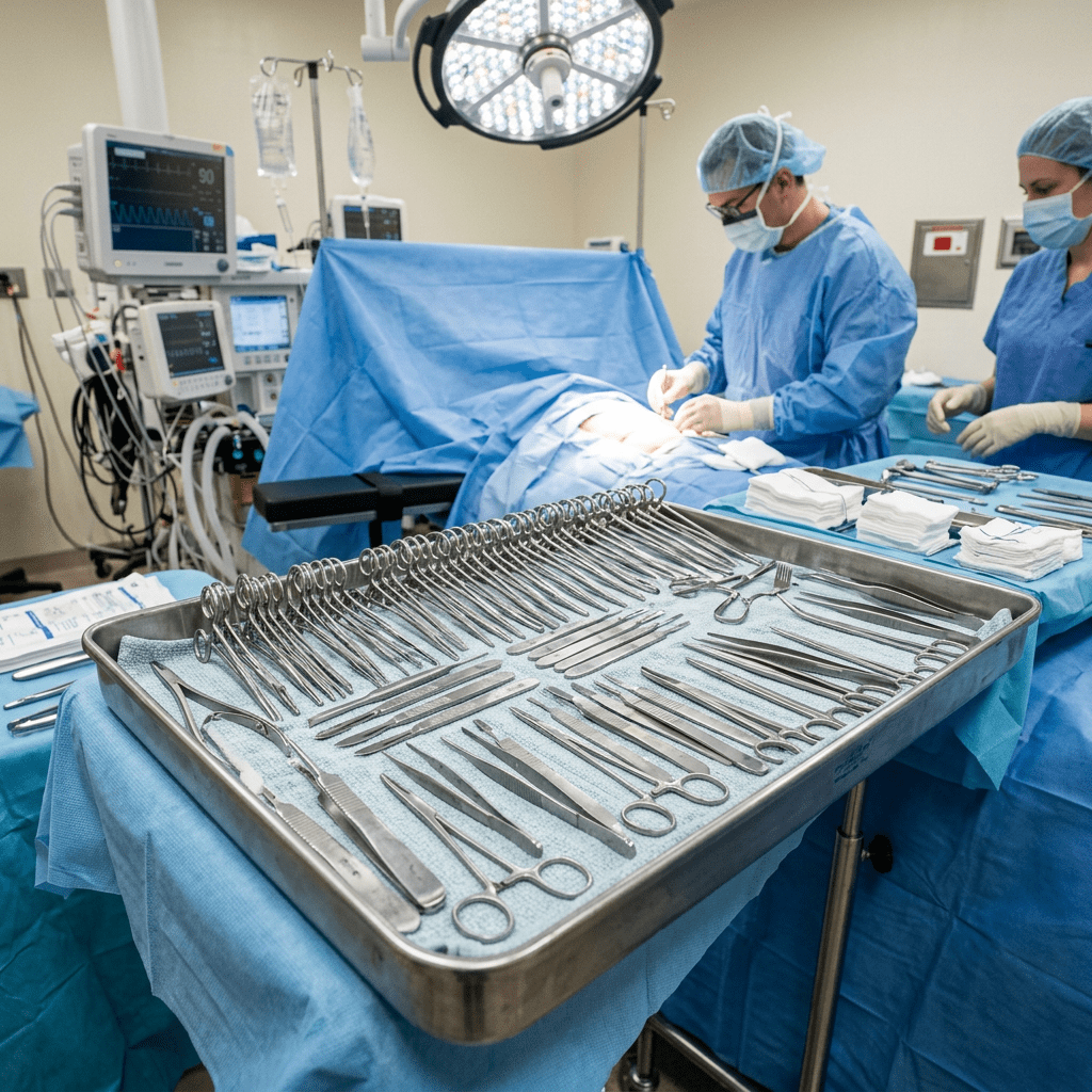 Tray of surgical instruments in operating room with medical staff