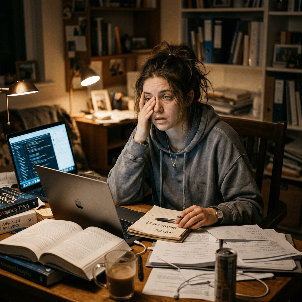 Tired student studying beside a laptop, books, notes, and coffee