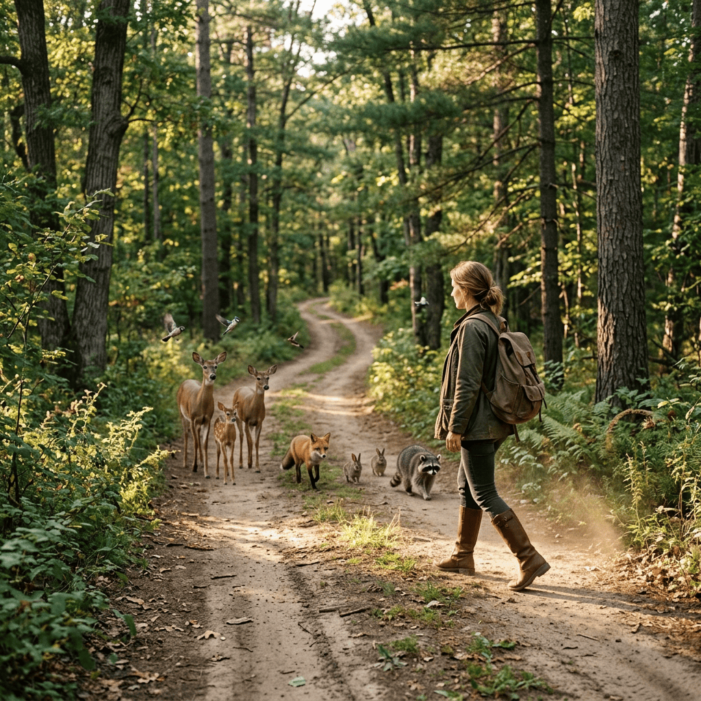 Woman walking alone with forest animals