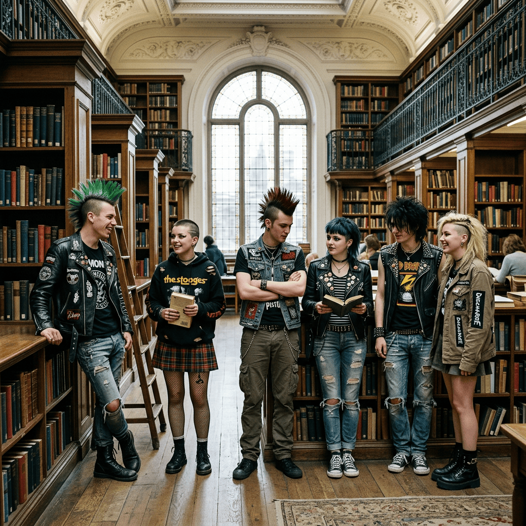 Six punk-styled young adults standing in an ornate library