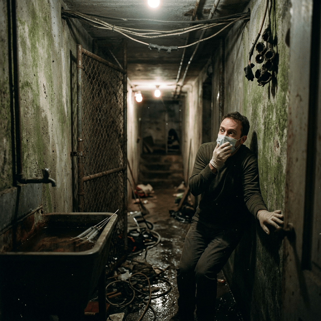 Masked man standing in a wet, deteriorating basement corridor