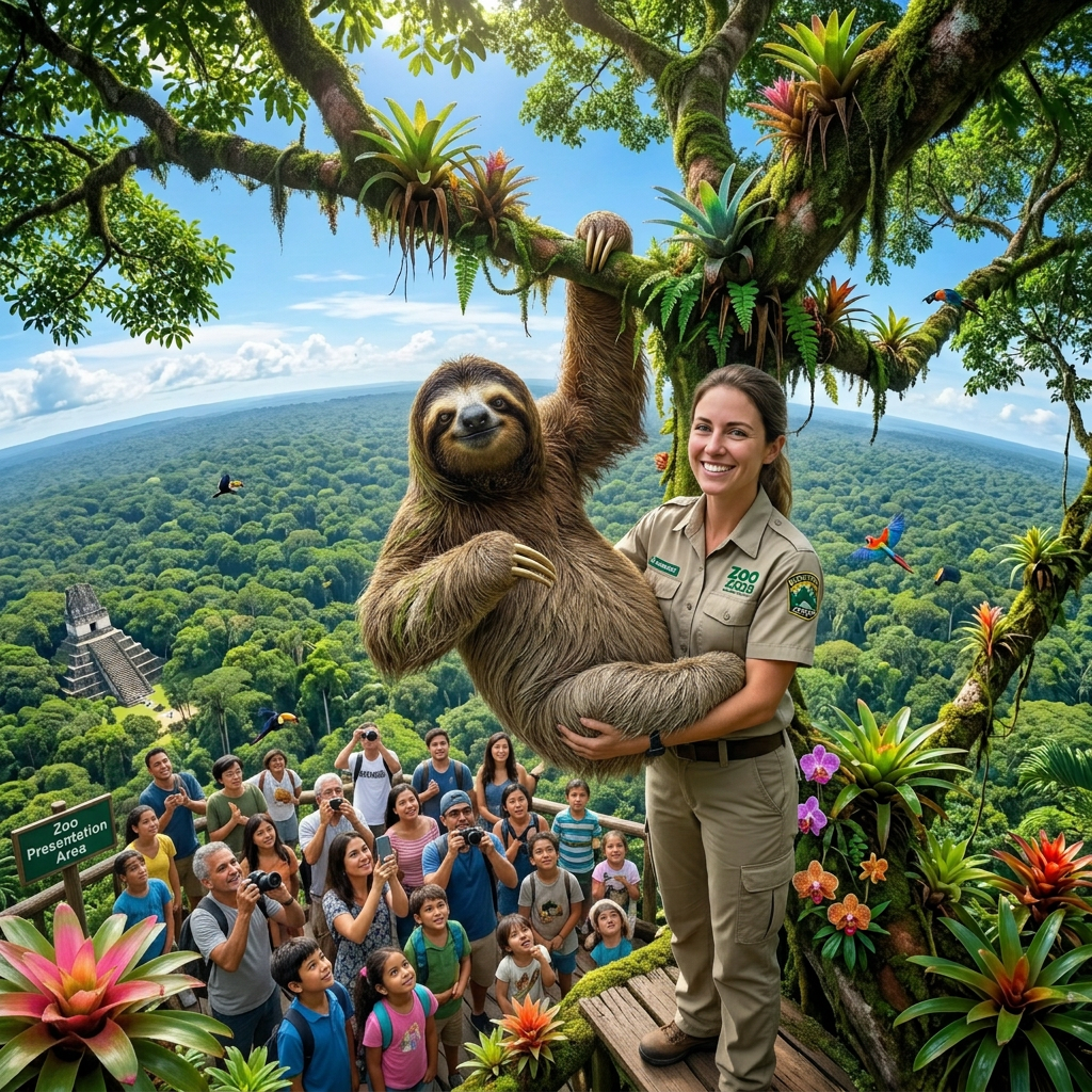 Smiling sloth clinging to a moss-covered tree in a lush rainforest