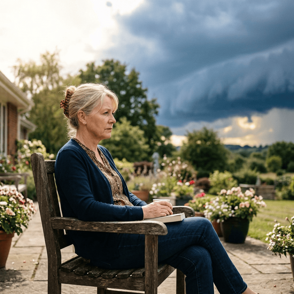 Woman holding a cup and book in a flower-filled garden