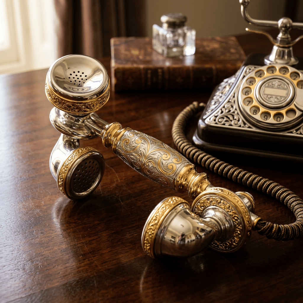 Ornate antique telephone with receiver on a wooden table