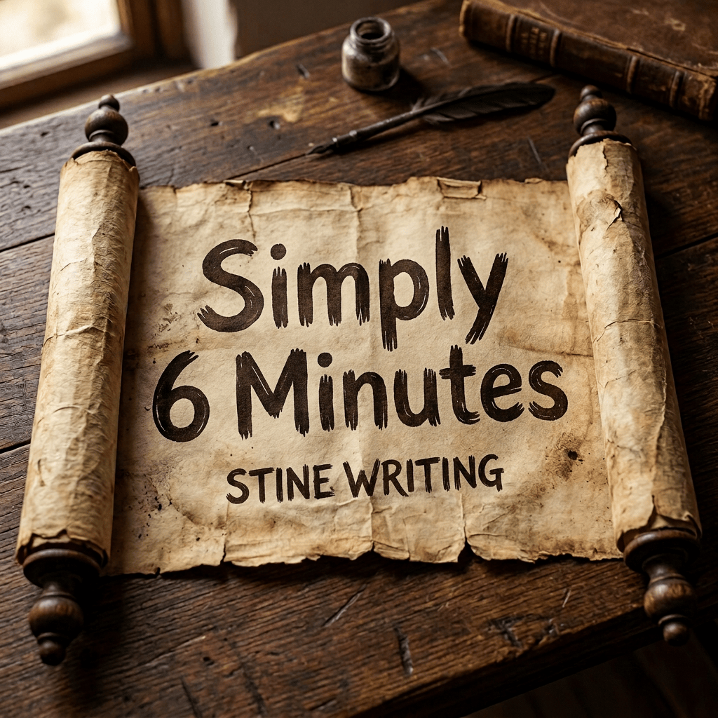 Aged parchment reading “STONE WRITING” with a quill and antique book